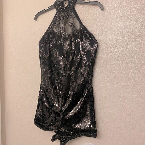 Glamour solo dance costume black sequin bikeatard leotard LA-Large adult - Picture 2 of 14